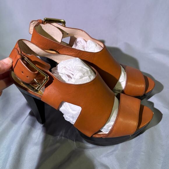 Michael Kors Tan Leather Platform Heels Size 7.5 – Slingback Peep Toe - Picture 3 of 7